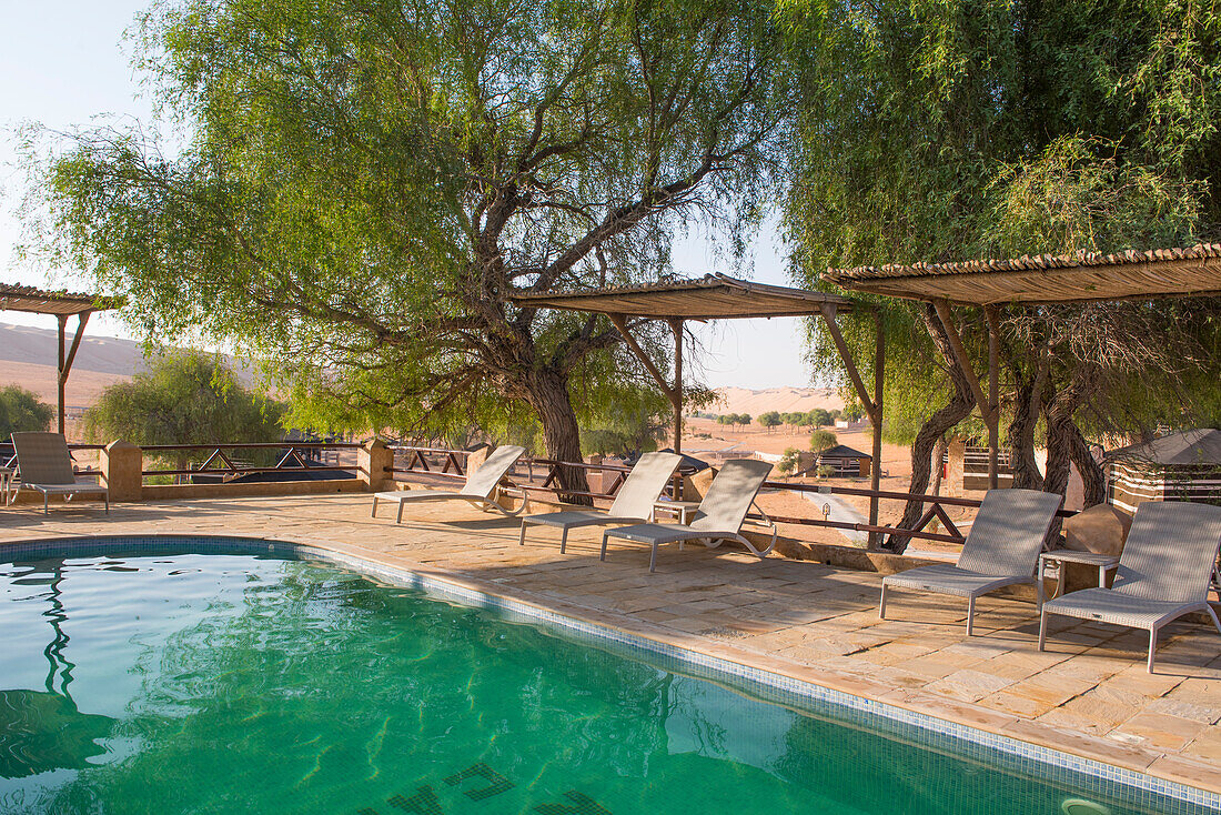 Swimming pool, The Thousand Nights Camp in the Sharqiya Sands, formerly Wahiba Sands, desert region, Sultanate of Oman, Arabian Peninsula