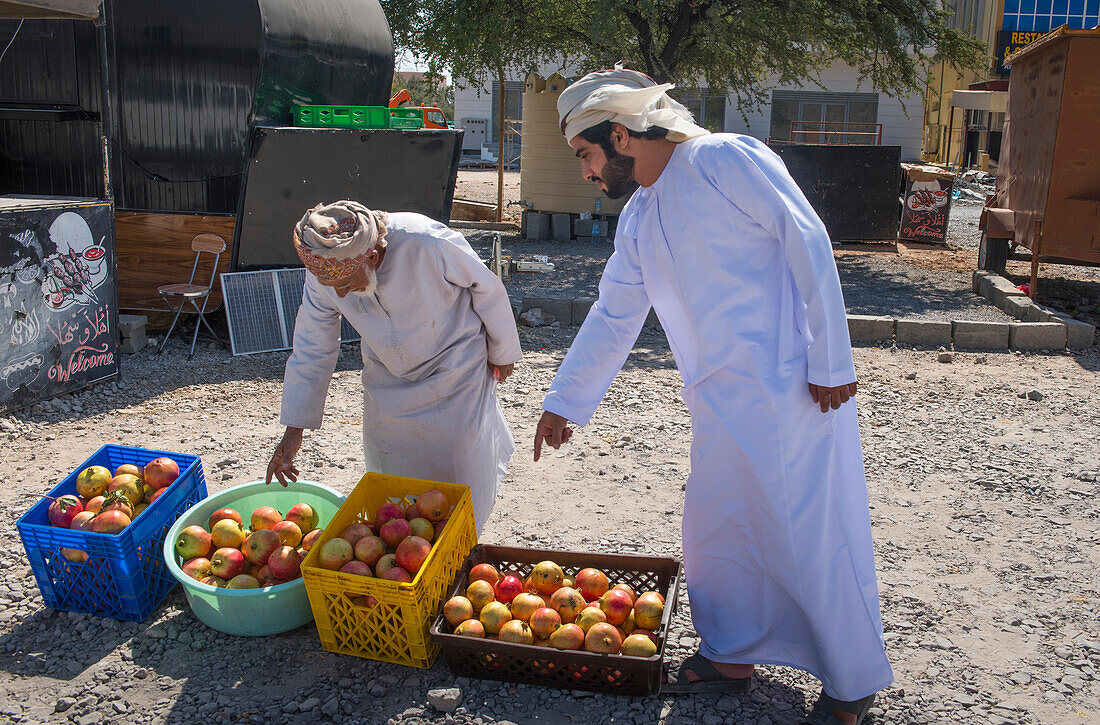 Man selling Pomegranates (fruit) on the edge of the road, Sultanate of Oman, Arabian Peninsula