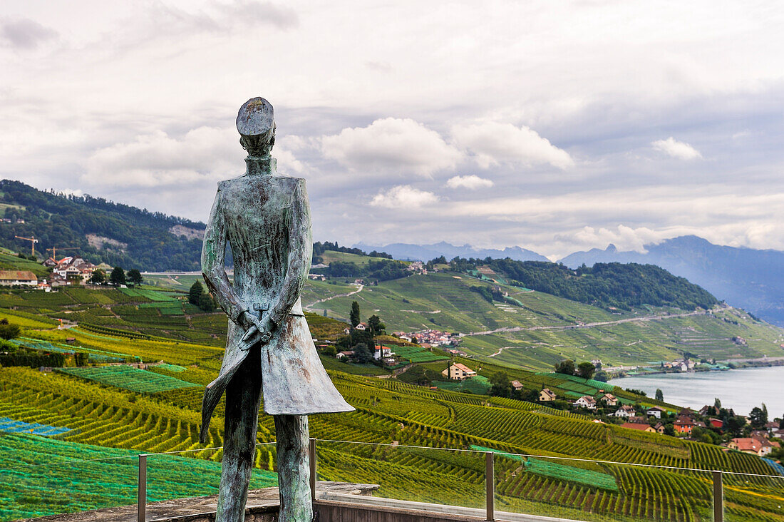 Statue of Corto Maltese, hero created by Hugo Pratt who lived in Grandvaux in Lavaux Vineyard terraces, near Lausanne, Canton of Vaud, Switzerland