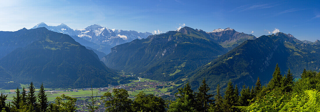 View of Jungfrau, Monch and Eiger mountains from Harder Kulm, Interlaken, Jungfrau Region, Bernese Oberland, Switzerland