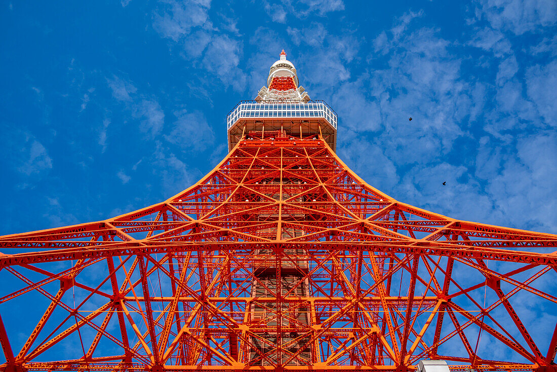 View of Tokyo Tower from its base against blue sky, Shibakoen, Minato City, Tokyo, Honshu, Japan