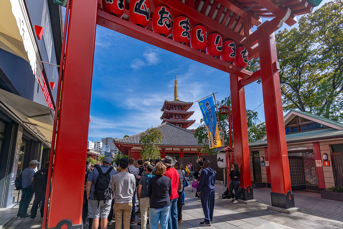 View of Torii gate and Senso-ji Temple visible in background, Asakusa, Taito City, Tokyo, Honshu, Japan