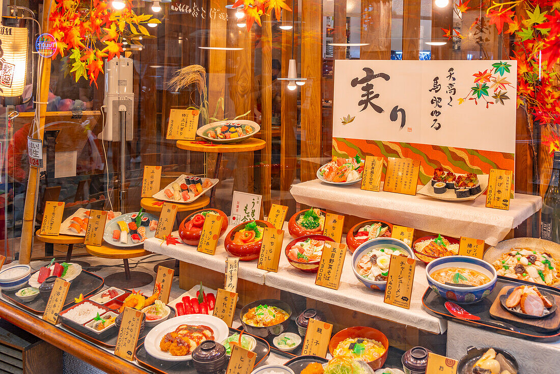 View of traditional Japanese dishes on display in shop window, Asakusa, Taito City, Tokyo, Honshu, Japan