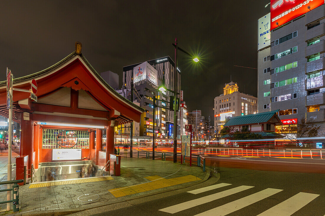 View of subway entrance in Asakusa at night, Asakusa, Taito City, Tokyo, Honshu, Japan