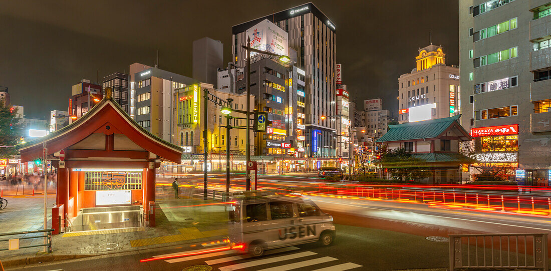 View of subway entrance in Asakusa at night, Asakusa, Taito City, Tokyo, Honshu, Japan