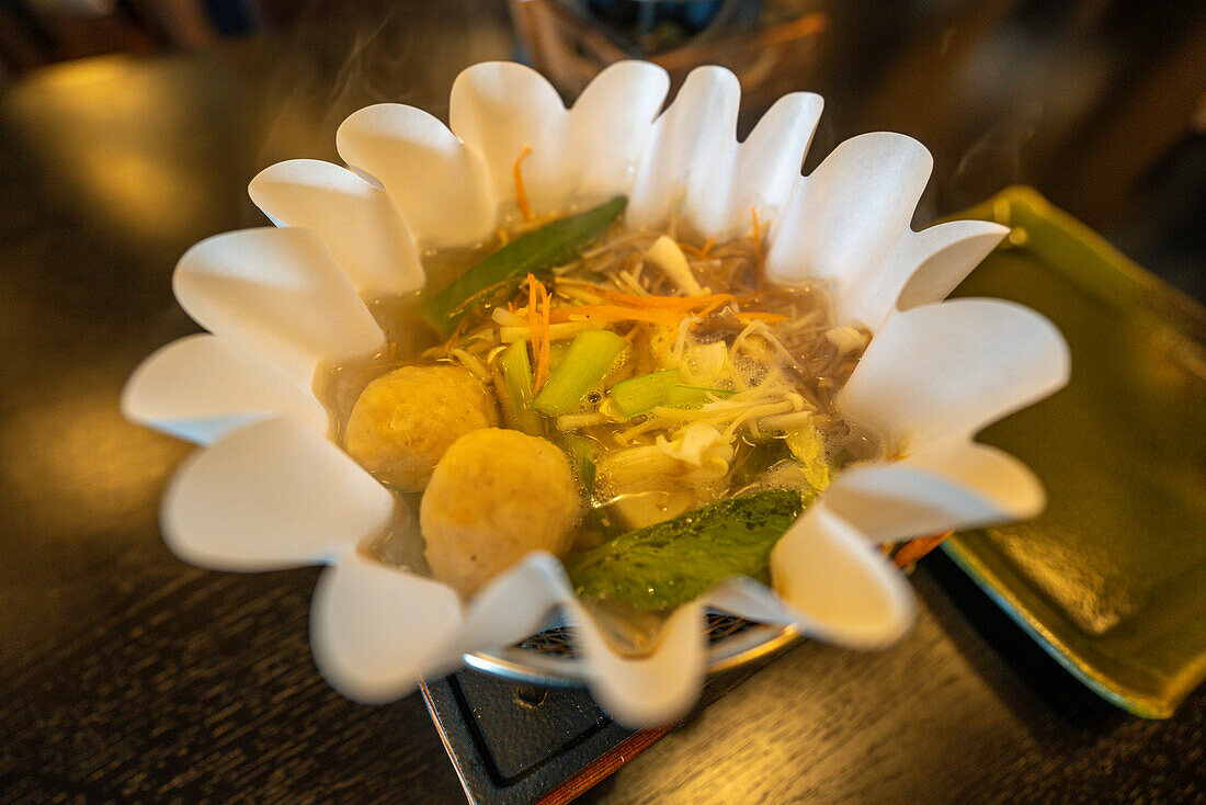 Dish portion of traditional Japanese noodle soup and dumplings, ramen with wild vegetables, Tokyo, Honshu, Japan