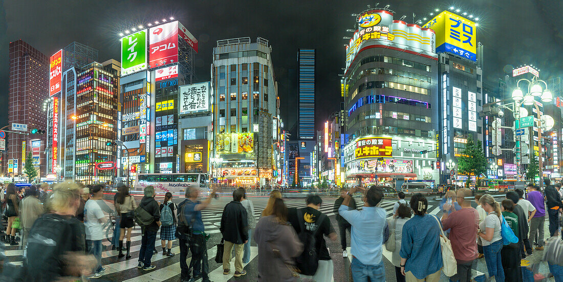 View of Kabukicho neon lit street and crossings at night, Shinjuku City, Kabukicho, Tokyo, Honshu, Japan