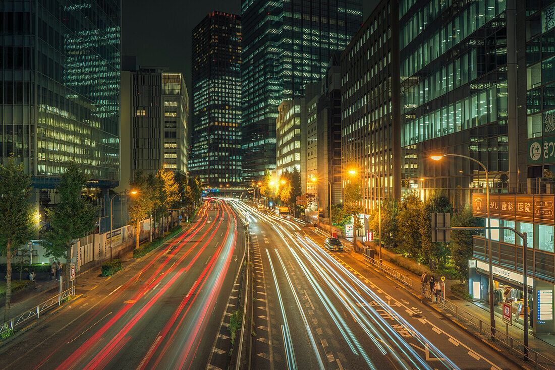 Blick auf die Straßen- und Wegebeleuchtung in der Nacht, Minato City, Tokio, Honshu, Japan