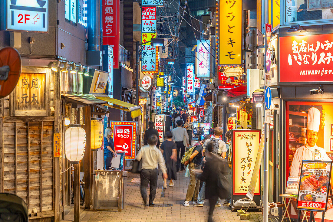 View of neon lights in narrow city street near Tokyo Tower at night, Minato City, Tokyo, Honshu, Japan