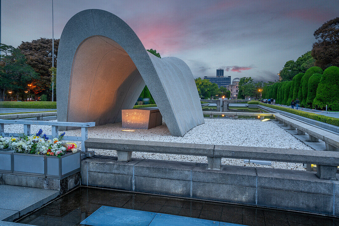 The Hiroshima Victims Memorial Cenotaph in the Pond of Peace, Hiroshima Peace Memorial, UNESCO, Hiroshima, Honshu, Japan