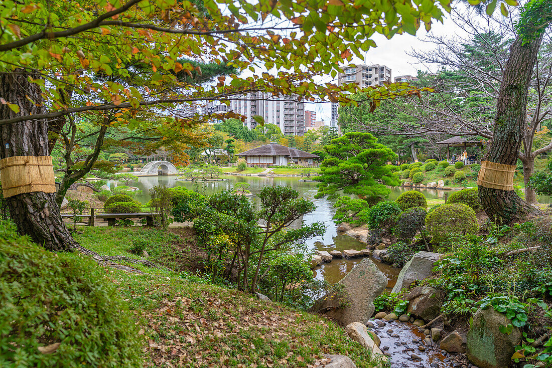 View of Takueichi Pond in Shukkeien Garden, Kaminoboricho, Naka Ward, Hiroshima, Honshu, Japan