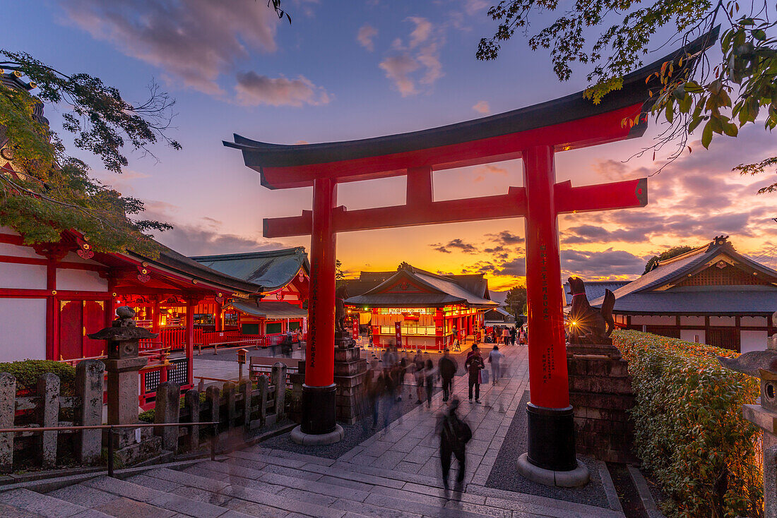 View of Torii Gate at Fushimi Inari Shrine at dusk, Fukakusa Yabunouchicho, Fushimi Ward, Kyoto, Honshu, Japan