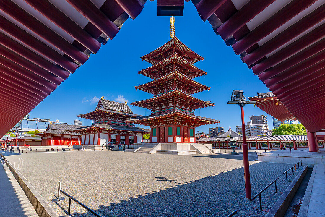 View of Shitenno-ji Gojunoto (Five Story Pagoda) on a sunny day, Shitennoji, Tennoji Ward, Osaka, Honshu, Japan