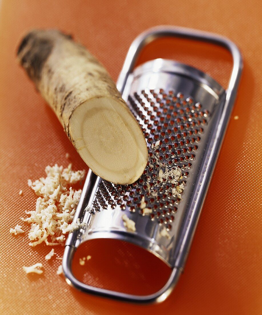Horseradish, partly grated, with grater