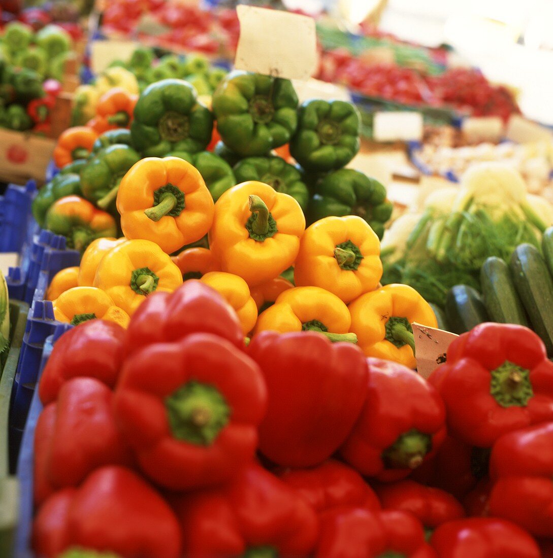 Peppers (red, green, yellow) at a market