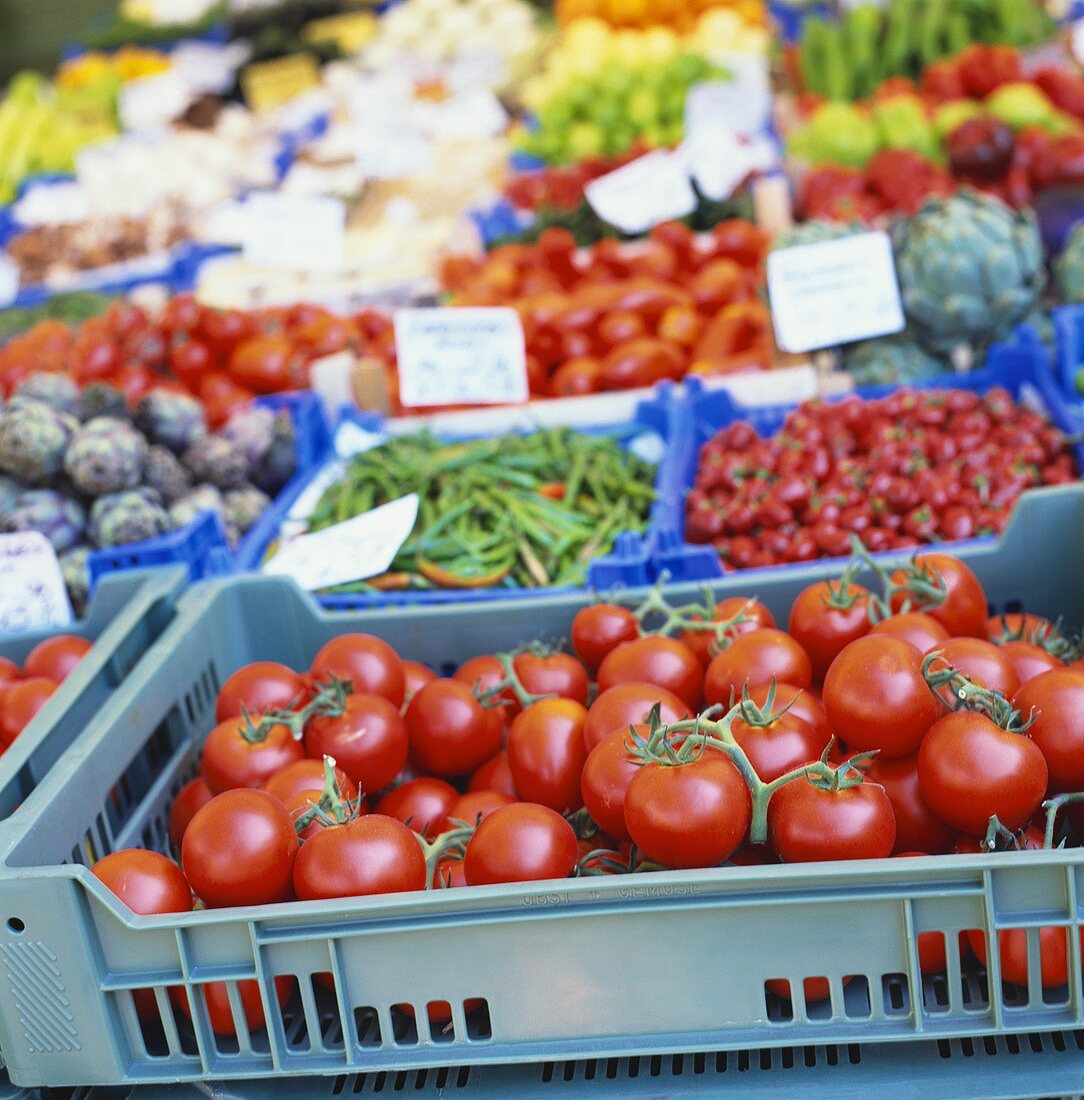 Tomaten in Steige vor vielen anderen Gemüsesorten auf Markt