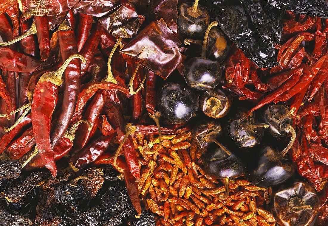 Verschiedene getrocknete Chillies (bildfüllend)