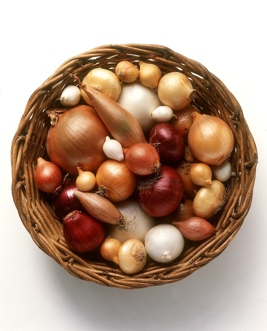 Various varieties of onions in basket
