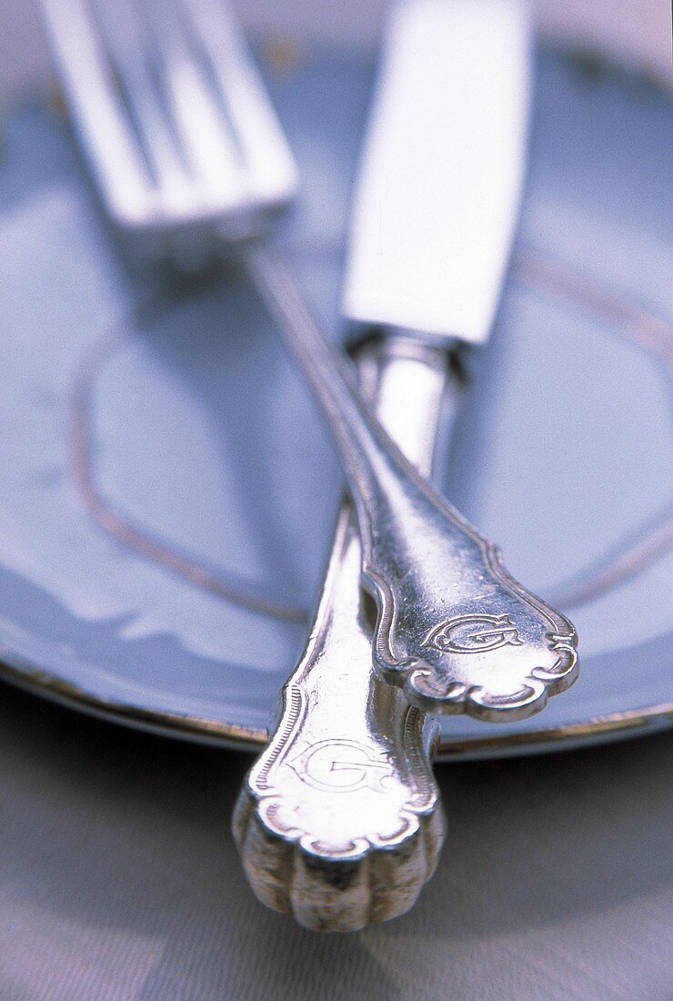 Silbermesser und -gabel (Gundel Besteck) auf einem Teller