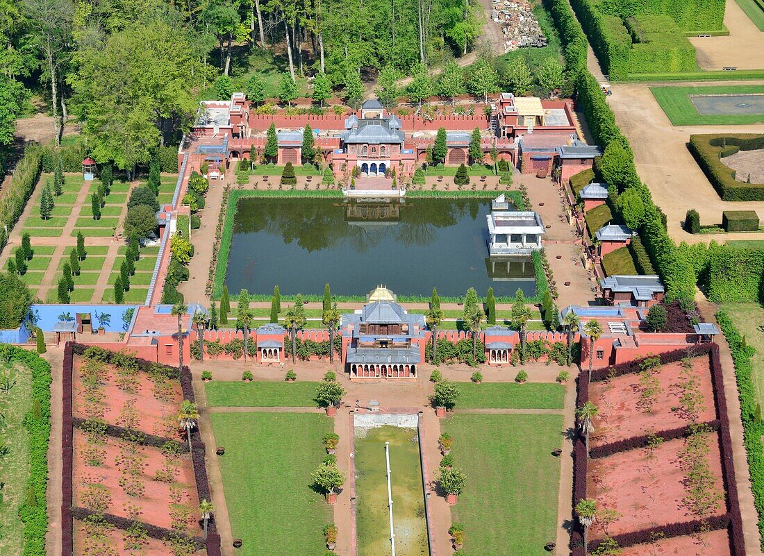 France, Eure, Le Neubourg, Chateau du Champ de Bataille, 17th century castle renovated by its owner, the interior designer Jacques Garcia, Mughal pavilion (aerial view)