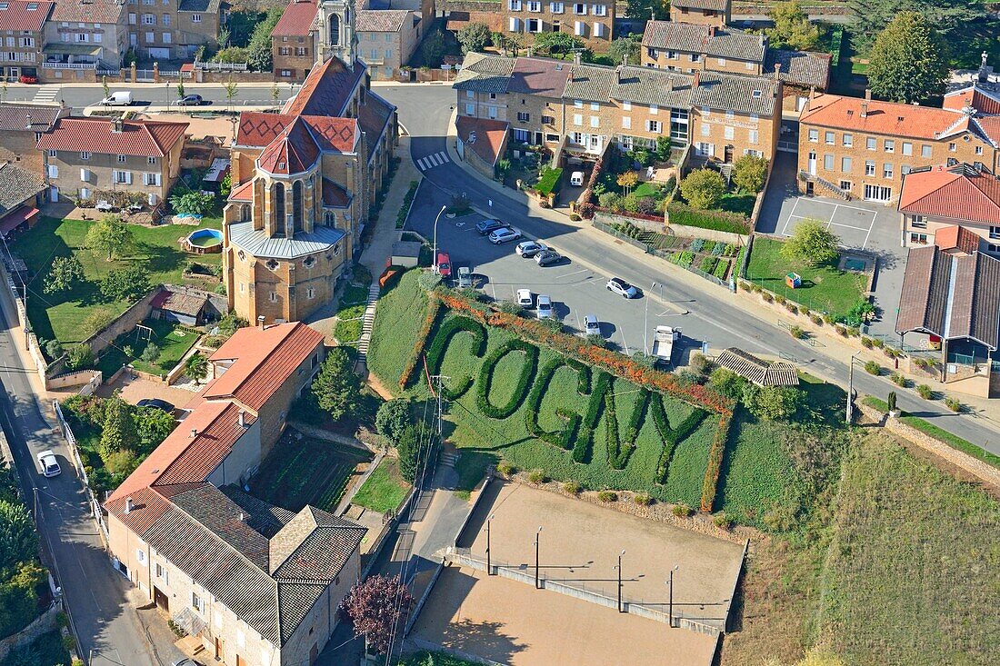 Frankreich, Rhone, Cogny, Stadtlandschaft, Stadtzentrum (Luftaufnahme)