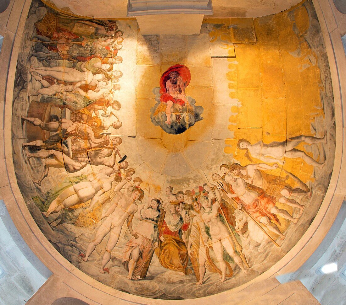 France, Yonne, Tanlay, castle of Tanlay, the cupola of the Ligue's tower with its fresco depicting some protestant and catholic dignitaries as mythological divinities