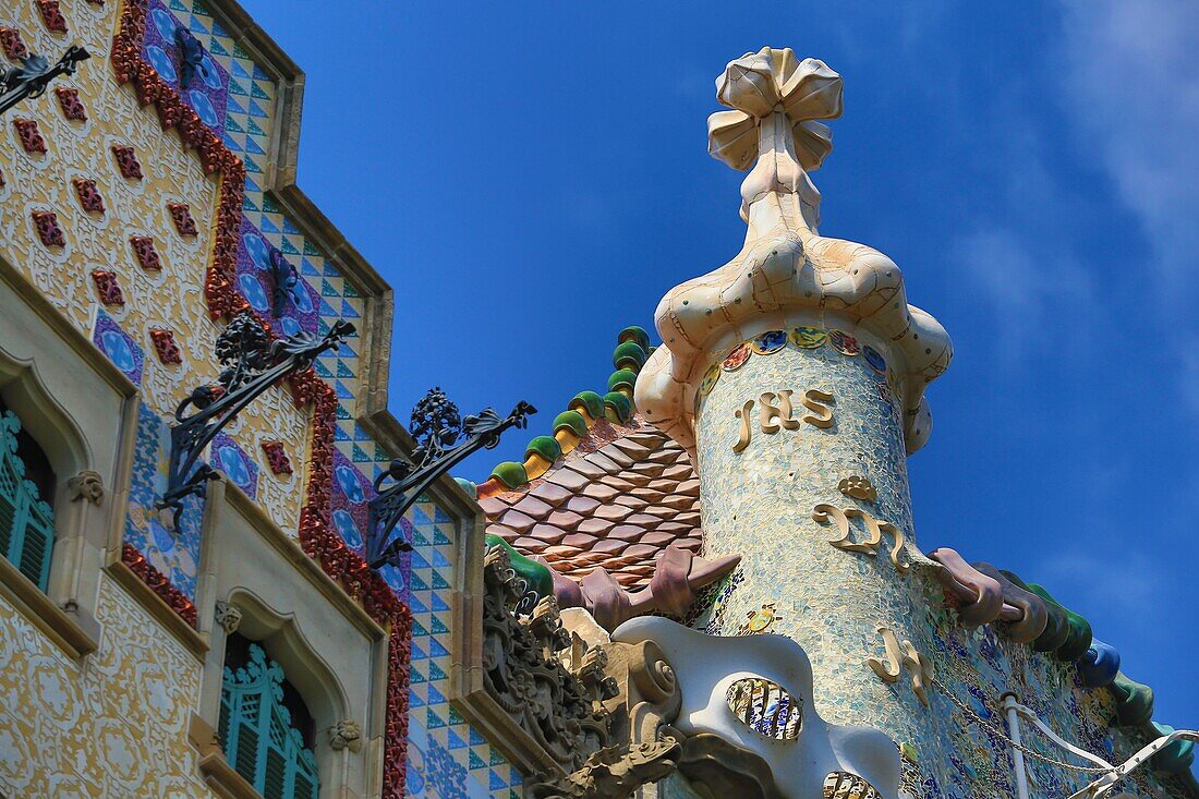 Spain, Catalonia, Detail from Casa Batllo, a modernist building of Antoni Gaudi, UNESCO World Heritage Site, on Passeig de Gracia