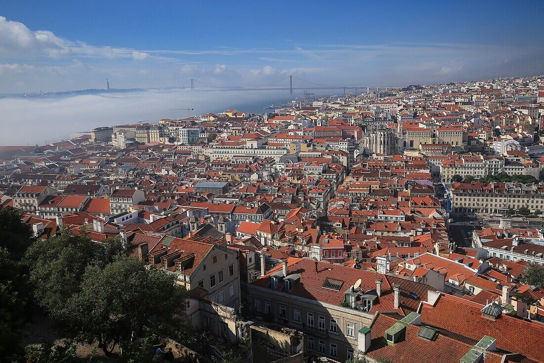 Portugal, Lisbon, The Tagus and the Ponte 25 de Abrile in the mist, seen from the Chateau Sao Jorge