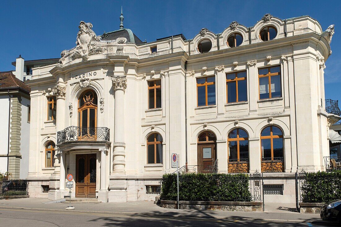 Switzerland, Canton of Vaud, the village of Morges, facing the pier the old casino today transformed into a theater cafe restaurant