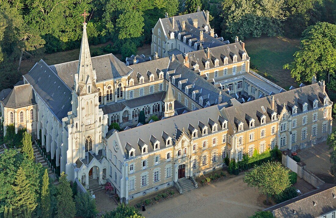 France, Sarthe, Solesmes, Sainte Cecile abbey (aerial view)