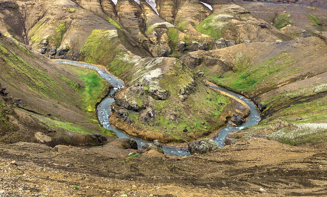 Iceland, Southern Region, Kerlingarfjöll, Jokulfal river bend