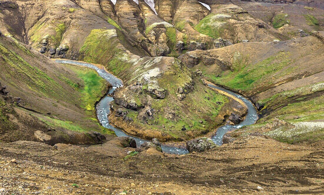 Island, Südliche Region, Kerlingarfjöll, Jokulfal Flussbiegung