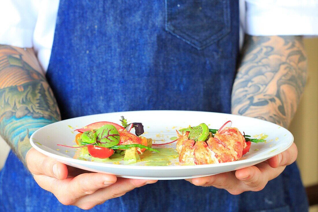Canada, New Brunswick, Acadie, Moncton, chef Pierre A. Richard's Little Louis restaurant, poached lobster and fiddleheads in salad with avocado, tomatoes and beetroot