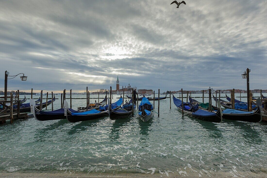 Italien, Venetien, Venedig, von der UNESCO zum Weltkulturerbe erklärt, Stadtteil San Marco, Markusplatz, Gondeln an der Anlegestelle Riva degli Schiavoni, im Hintergrund die Basilika und das Kloster San Giorgio Maggiore