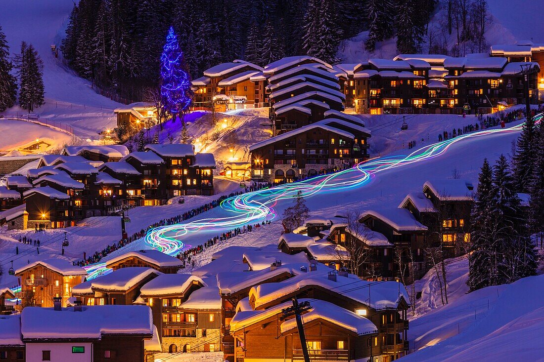 France, Savoie, Valmorel, Tarentaise valley, electric torchlight descent