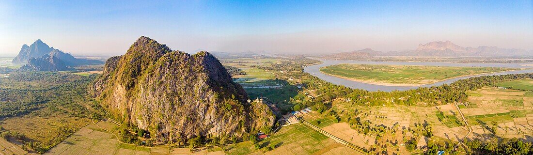 Myanmar (Burma), Karen State, Hpa An, karst cave formation of Kaw Gon or Kaw Goon (aerial view)