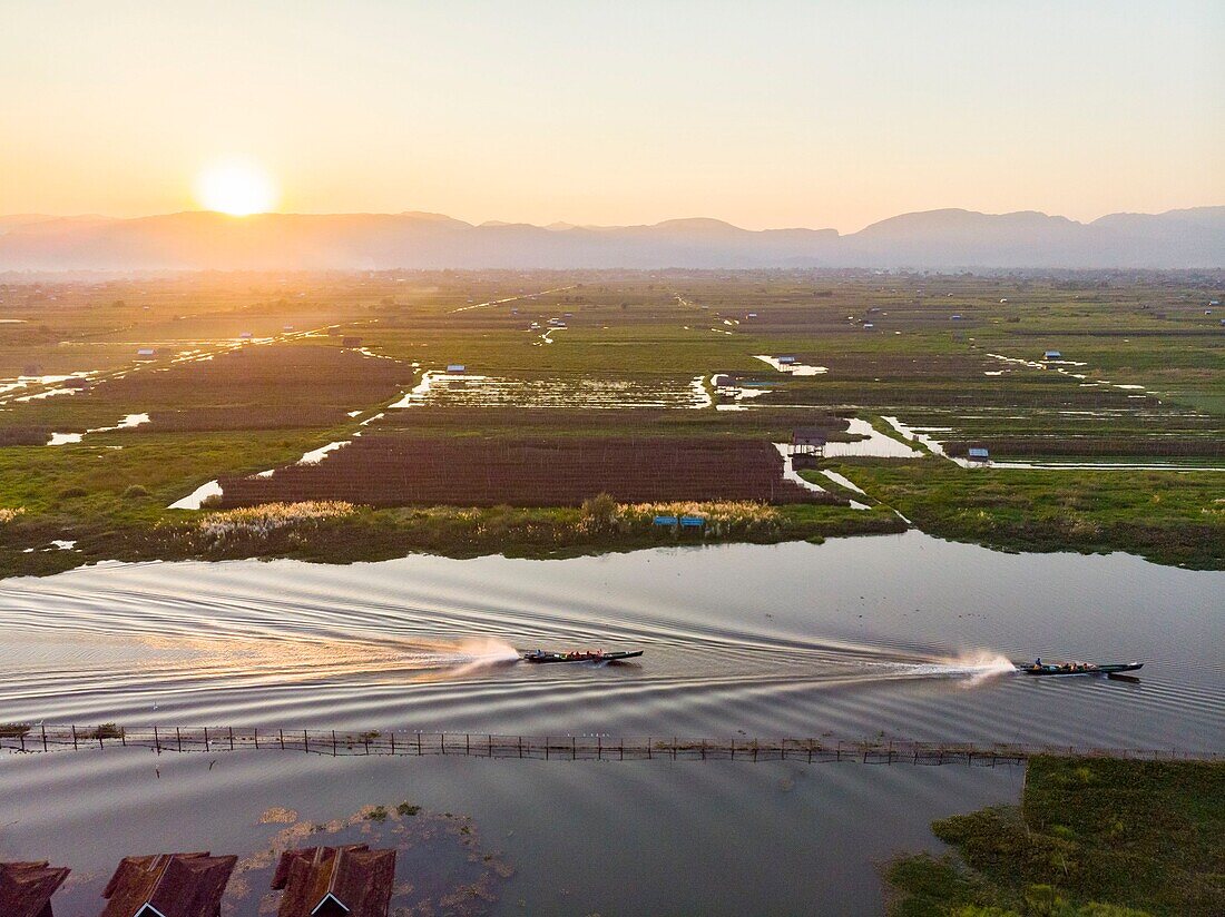 Myanmar (Burma), Shan State, Inle Lake, Kela Floating Gardens (aerial view)