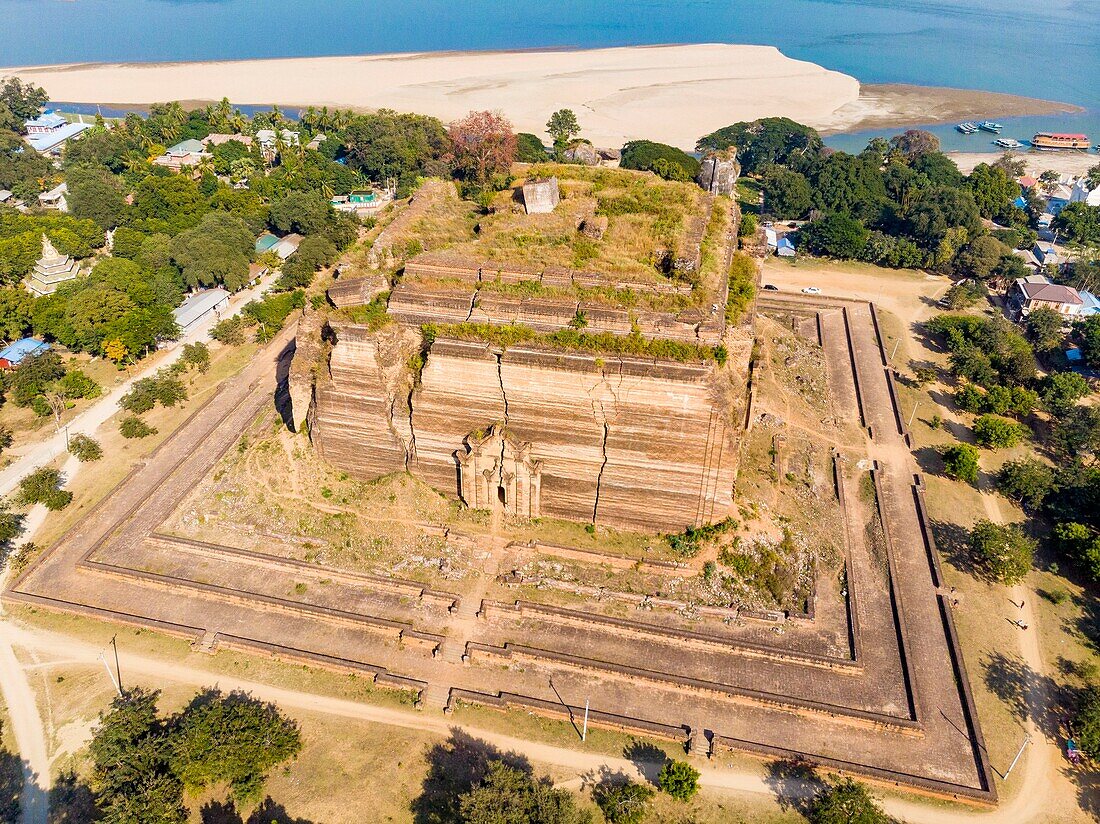 Myanmar (Burma), Sagaing Division, Mingun City, Bodawpaya Pagoda (aerial view)