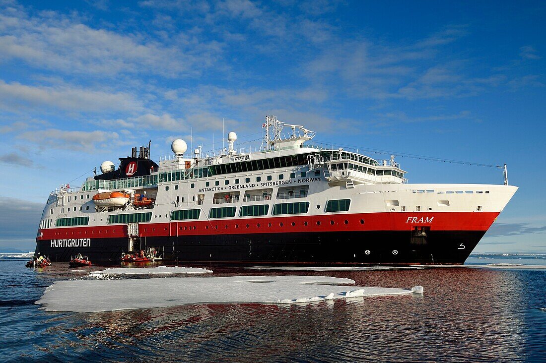 Greenland, North West coast, Smith sound north of Baffin Bay, MS Fram cruse ship from Hurtigruten next to the Arctic sea ice, Latitude: 78° 21' 55,788 N