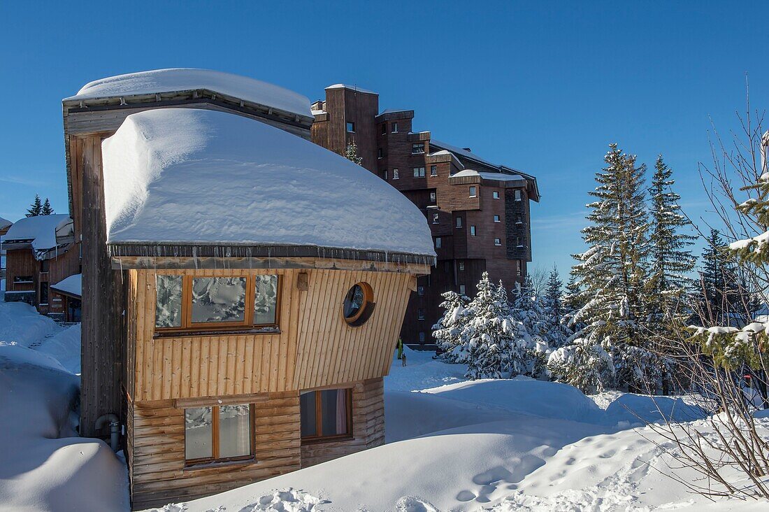 France, Haute Savoie, Chablais Massif, Portes du Soleil ski area, Avoriaz, a very contemporary chalet facade in the center of the resort