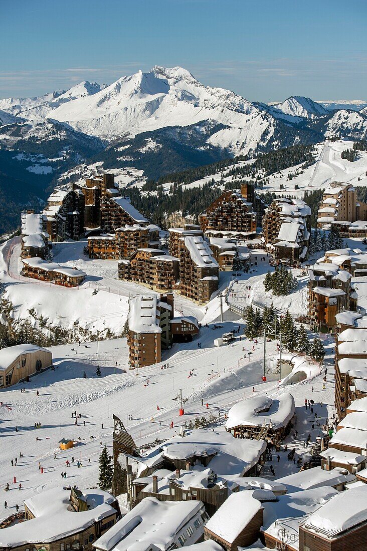 France, Haute Savoie, Chablais Massif, ski area of the Portes du Soleil, Avoriaz, general view of the resort and the rock of Enfer