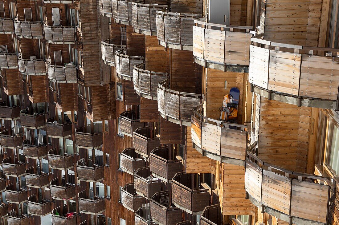 France, Haute Savoie, Chablais Massif, Portes du Soleil ski area, Avoriaz, typical and original architecture in wood, detail of facades with balconies