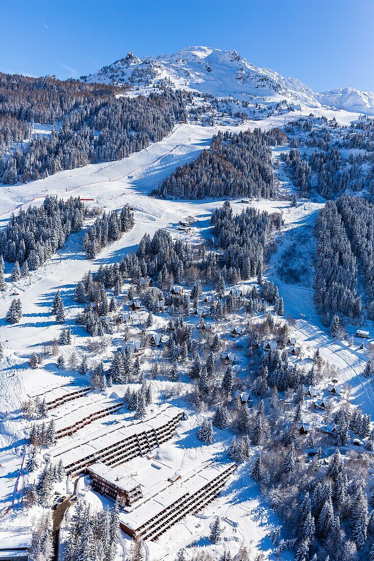 France, Savoie, Vanoise massif, valley of Haute Tarentaise, Les Arcs 2000, part of the Paradiski area, view of the Club MED (aerial view)