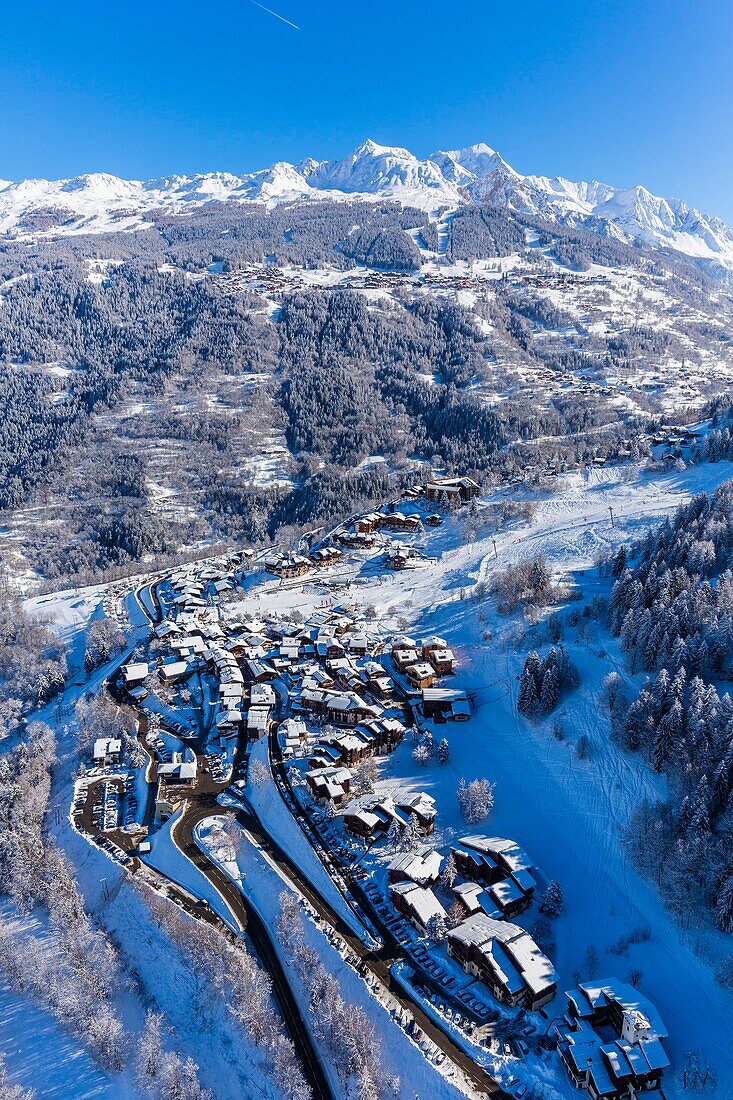 France, Savoie, Vanoise massif, valley of Haute Tarentaise, Montchavin, part of the Paradiski area, view of the Peisey Vallandry ski area and the Mont Pourri (3779m) (aerial view)