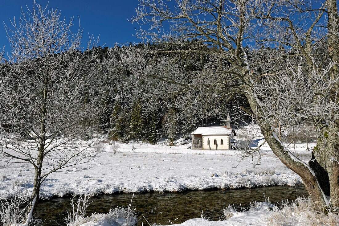 France, Vosges, Plainfaing, hamlet Le Rudlin, the Meurthe river, Saint Jean Baptiste chapel