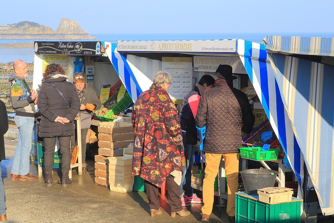 France, Ille et Vilaine, Emerald Coast, Cancale, oyster market on the seafront