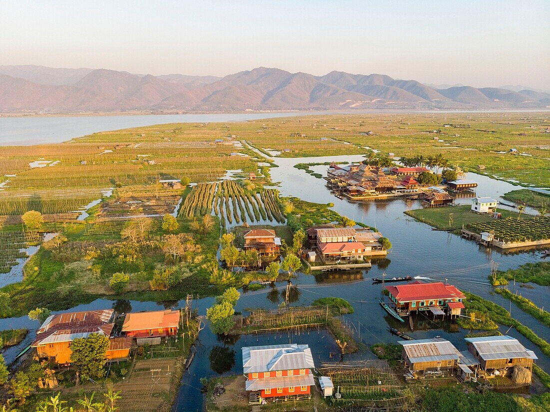 Myanmar (Burma), Shan State, Inle Lake, Kela Floating Gardens (aerial view)