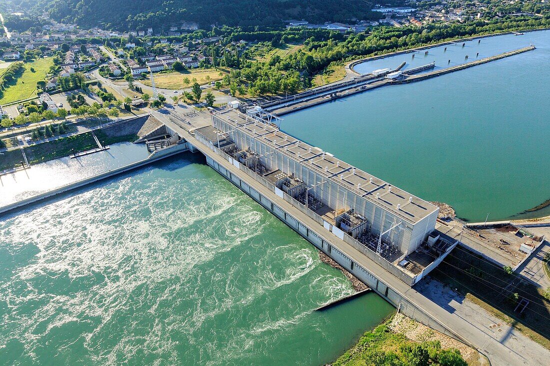 France, Ardeche, Beauchastel, Central and Lock Beauchastel on the Rhone (aerial view)