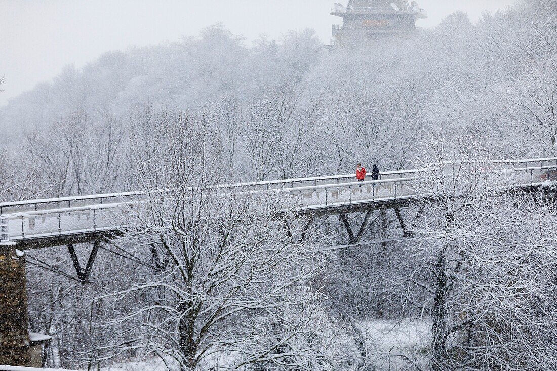 France, Rhone, Lyon, 5th district, Fourviere district, The Parc des Hauteurs, Gateway to the four winds under the snow