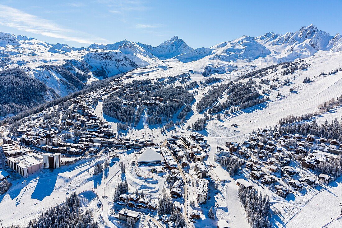 France, Savoie, Courchevel Moriond and Courchevel, Massif of the Vanoise, Tarentaise valley, view of the Sommet de La Saulire (2738m) and the Aiguille du Fruit (3051m) (aerial view)